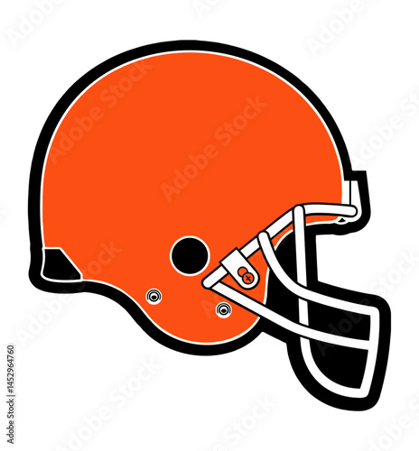 A stylized football helmet at the center of the design. Sports graphic design for fans, with black and orange colors, perfect for football enthusiasts.