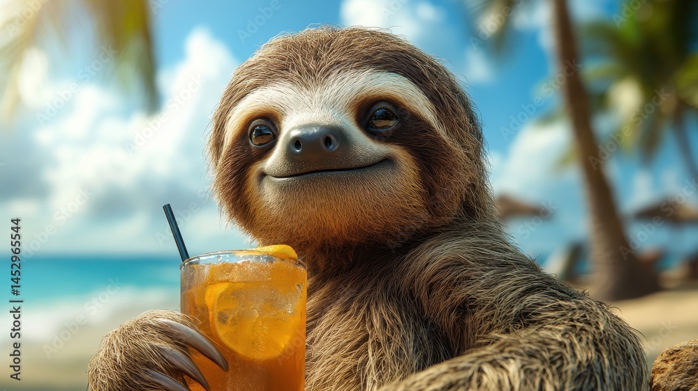 Fototapeta premium Cheerful sloth enjoying a refreshing drink on a tropical beach day