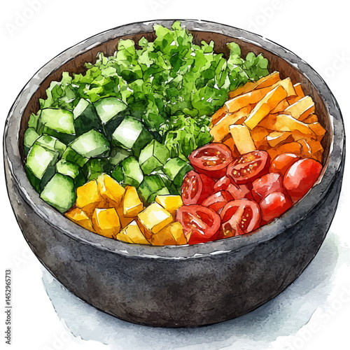watercolor of Bibimbap In A Stone Pot, vector, isolated on a white background.