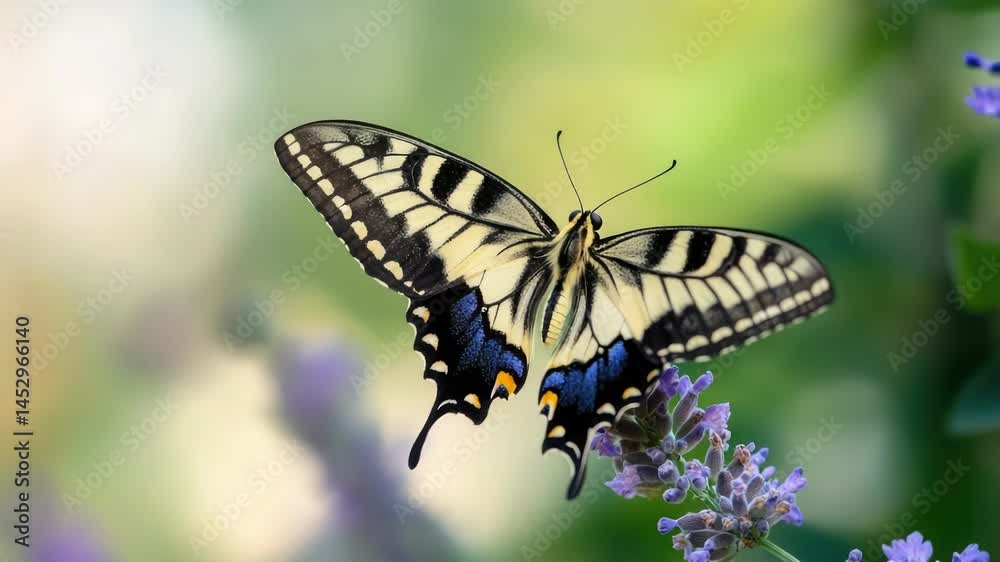 A butterfly perched on a purple flower in natural setting A butterfly perched on a purple flower in natural setting