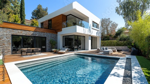 Modern hillside villa with pool and patio photo