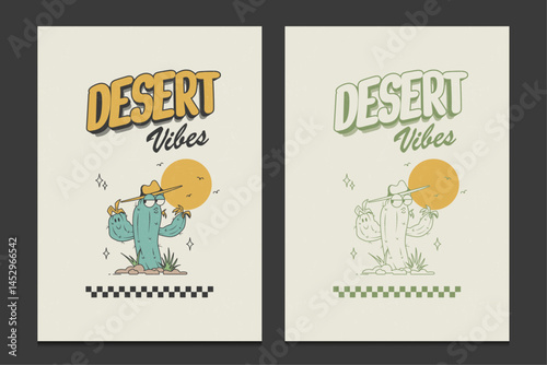 retro 70s poster or graphic t-shirt design featuring a chill cactus character in a desert scene, vector illustration