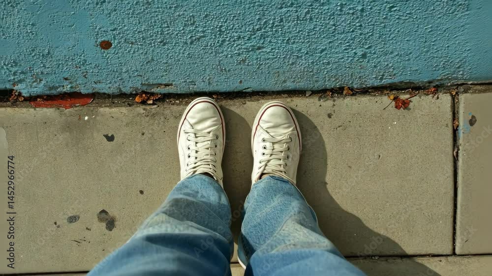 POV photo of canvas shoes on city sidewalk POV photo of canvas shoes on city sidewalk