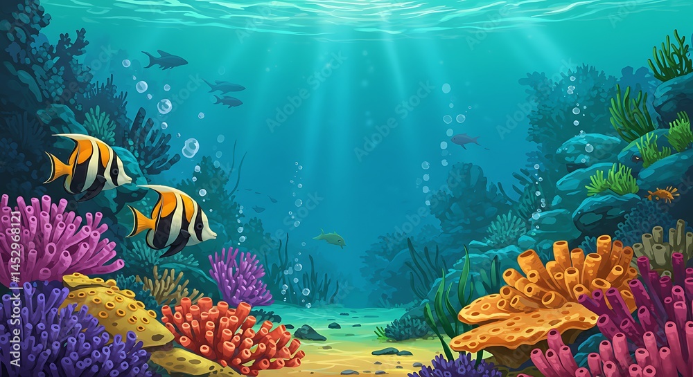 Fototapeta premium Underwater Scene with Colorful Coral Reef and Striped Fish Sunlit Ocean Depths