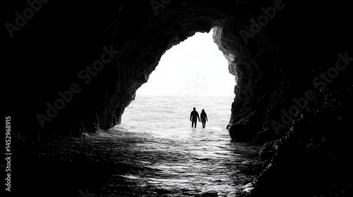 Silhouette of surfers in ocean cave exit with bright horizon view