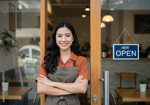 Smiling Asian woman stands in front of shop door with crossed arms and an apron, welcoming clients into her new small business, displaying an 'Open'