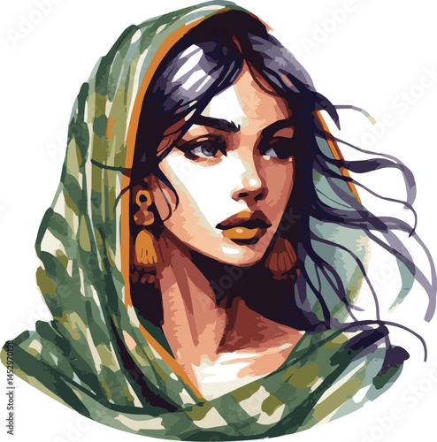 A watercolor vector illustration of an elegant beautiful indian or bangladesh woman in traditional clothing