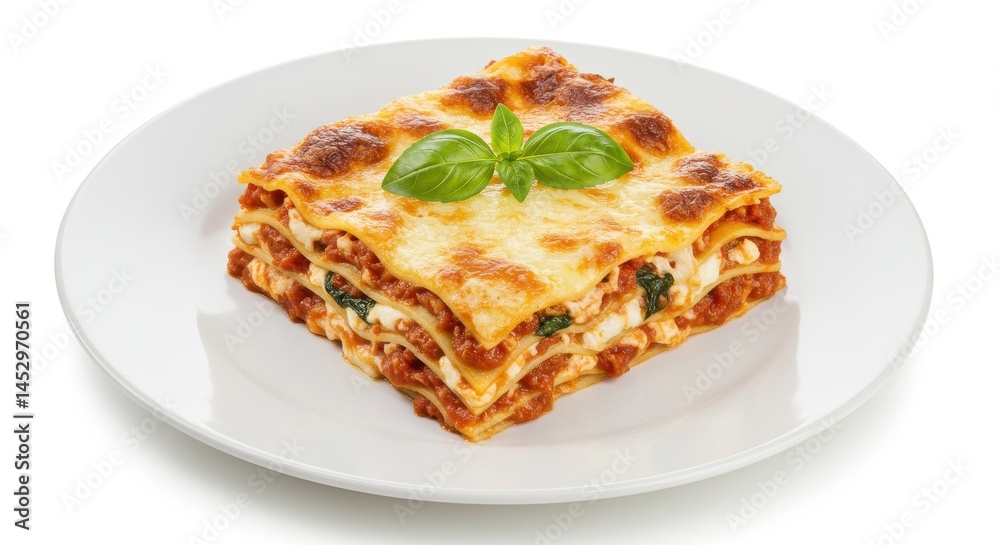 A square portion of lasagna topped with basil on a white plate in a well lit environment A square portion of lasagna topped with basil on a white plate in a well lit environment