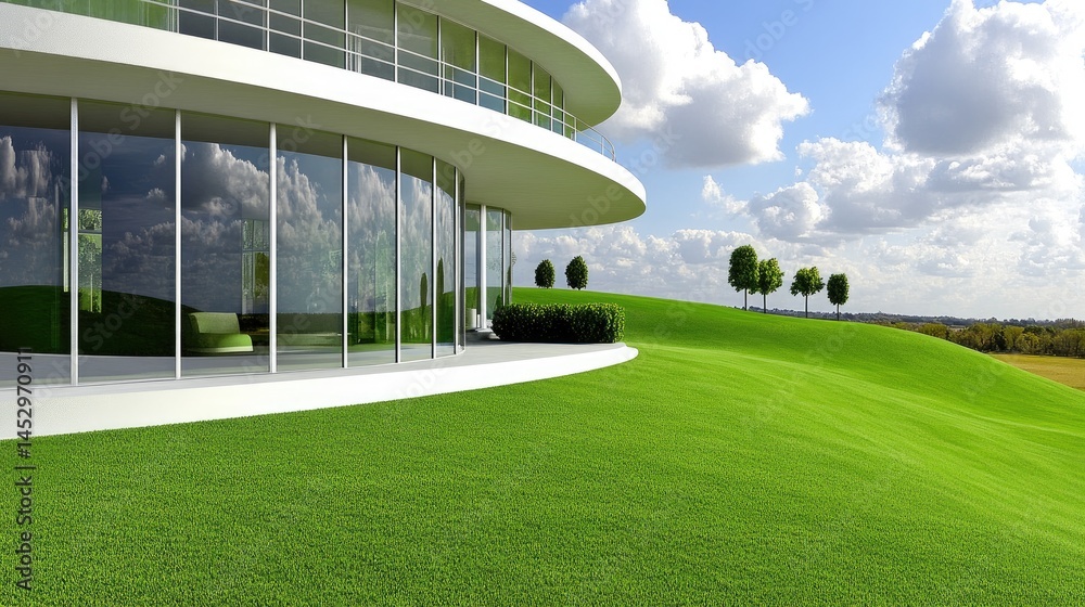 Fototapeta premium Futuristic modern residence with verdant landscape.