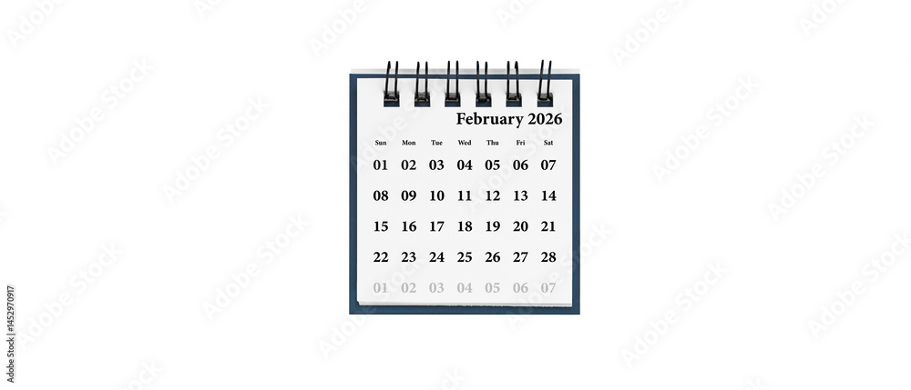 Desktop calendar for February 2026 in white colour. Mini planner for business and finance, spiral view on isolated white background close up.