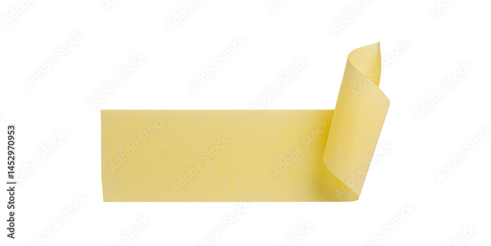 Yellow painter's tape isolated on white background, macro. Torn, crumpled, twisted strips of yellow painter's tape on white background, close-up.
