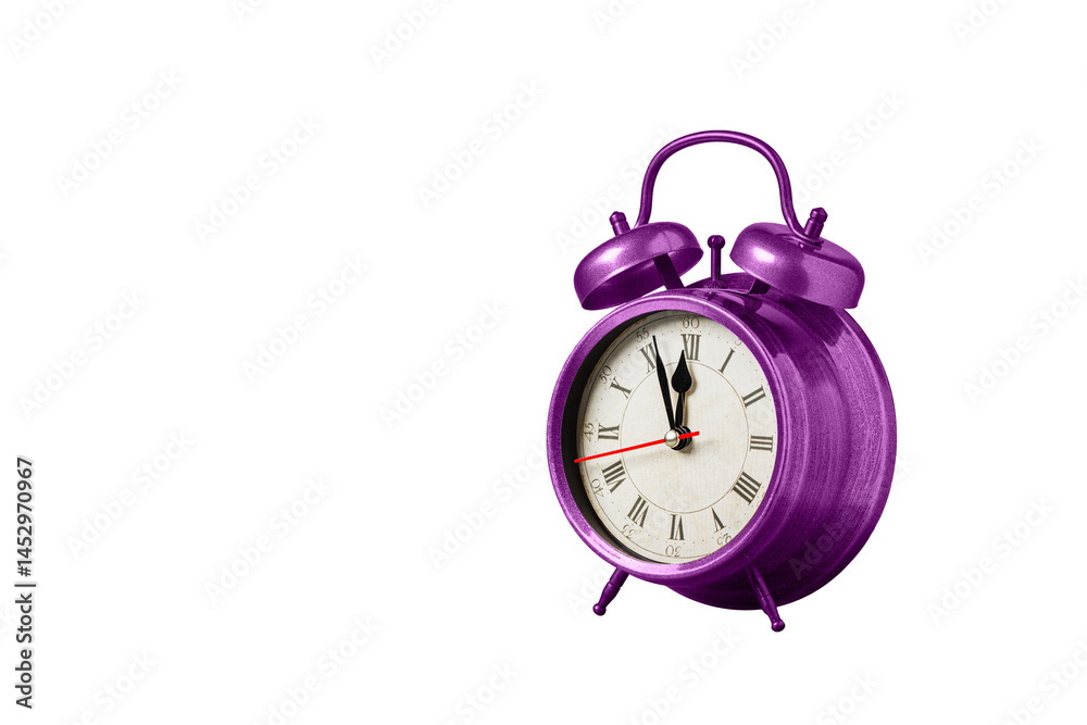 retro clock, watch, pointer clock, Pink color alarm clock on isolated white background close up