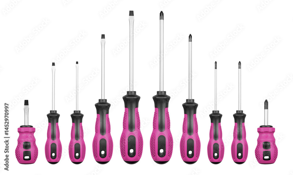 Set of Philips and flathead screwdrivers Pink color on isolated white background close-up