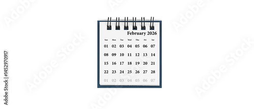 Desktop calendar for February 2026 in white colour. Mini planner for business and finance, spiral view on isolated white background close up.