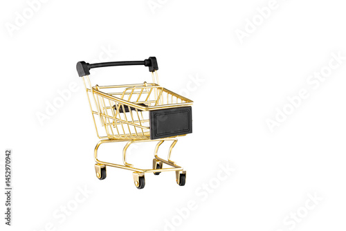 shopping trolley side view gold, yellow and black color cart on isolated white background close up