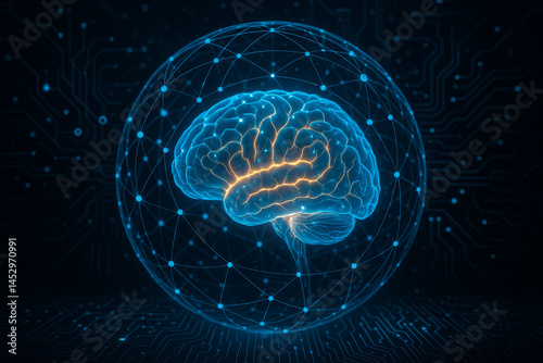 Glowing blue digital brain surrounded by neural network sphere, symbolizing artificial intelligence, deep learning, and modern data science. photo