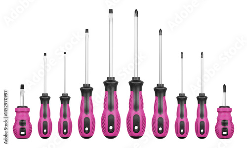 Obraz na płótnie Set of Philips and flathead screwdrivers Pink color on isolated white background close-up w salonie