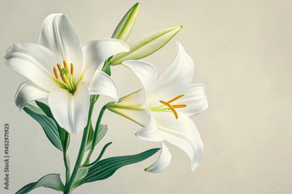 Obraz premium Close up shot of beautiful white lilies with green leaves