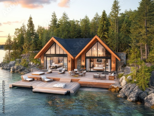 Rustic waterfront home with a spacious deck.