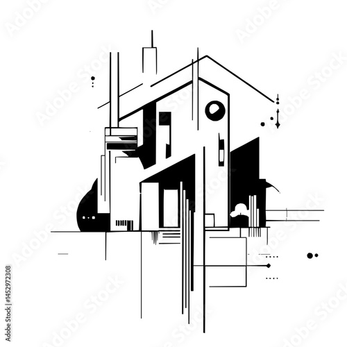 Detailed Illustration of a Modern Renovation and Home Repair Logo Design Involving Abstract Building Concepts on a Clean White Background