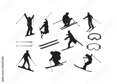 Skiing vector bundle, Skiing clipart, Skiing silhouette. 
