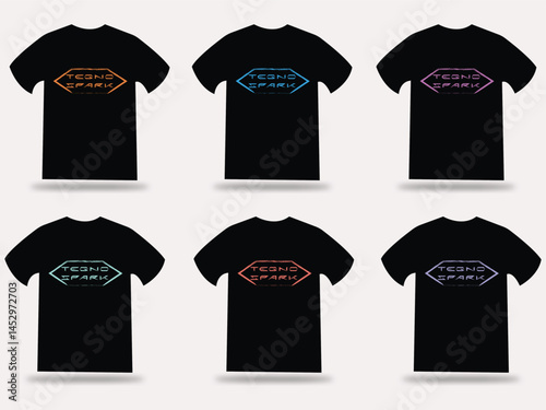 Futuristic Neon Logo T-Shirt Mockup Set – Tech-Inspired 'Tecno Spark' Typography on Black Apparel in Multiple Color Variants