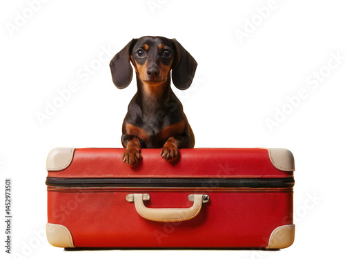 Small dachshund dog is perched on a bright red suitcase, showcasing a playful travel theme, with a focus on companionship and adventure in pet travel. Isolated transparent background, png.