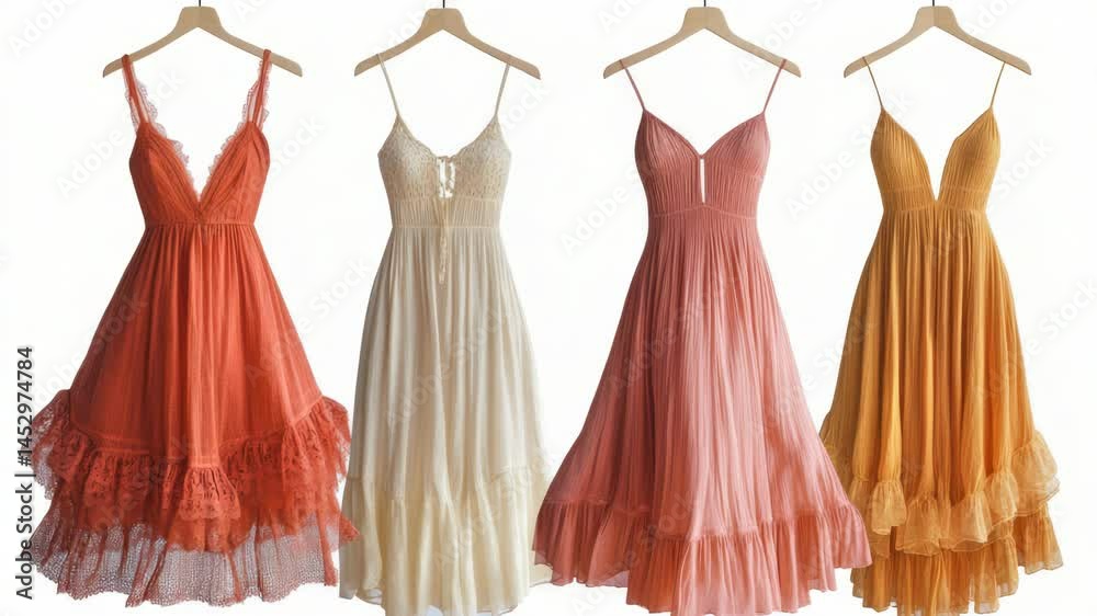 Group of dresses hung on a clothes rack, suitable for fashion or clothing store photoshoot