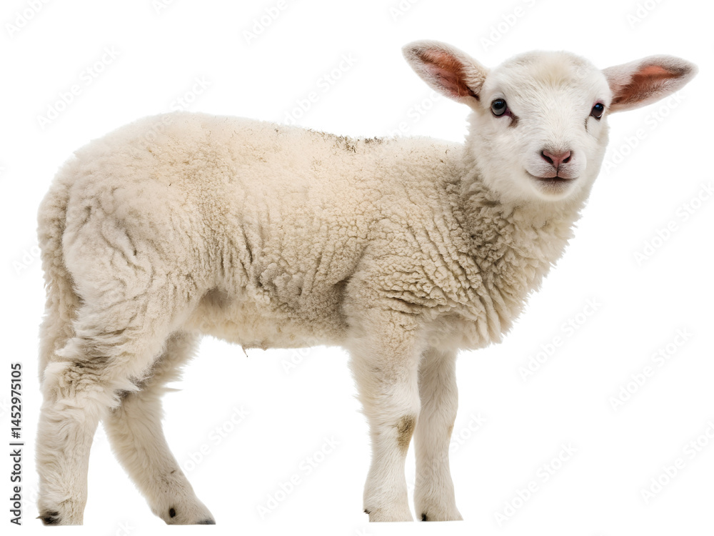 Fototapeta premium Young Lamb Standing on Farm Isolated on transparent background cutout, PNG file, Cutout file