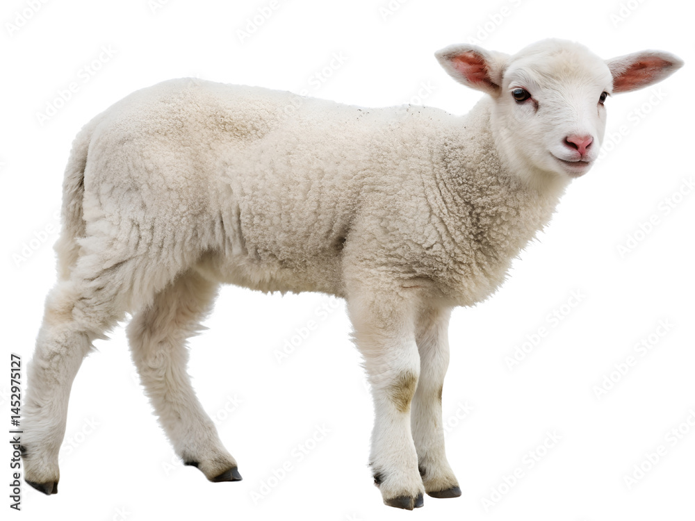 Fototapeta premium Young Lamb Standing on Farm Isolated on transparent background cutout, PNG file, Cutout file