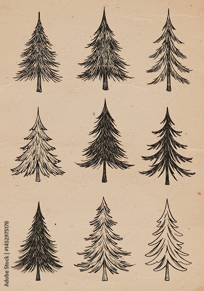 Obraz premium Hand-Drawn Evergreen Collection: Vintage Ink Sketch AI Generated