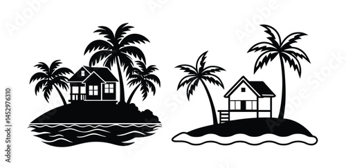 tropical island and beach house line art silhouette vector illustration.