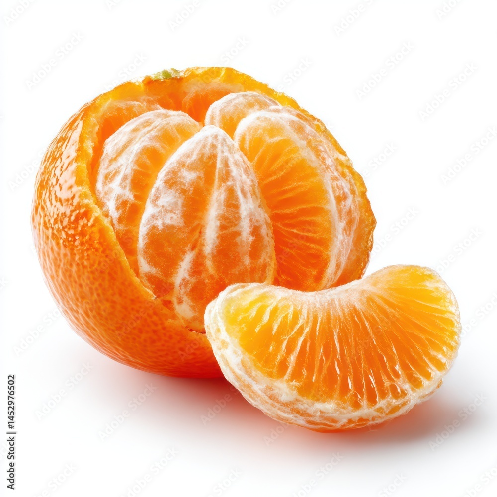 Peeled tangerine isolated on white background with one slice Peeled tangerine isolated on white background with one slice