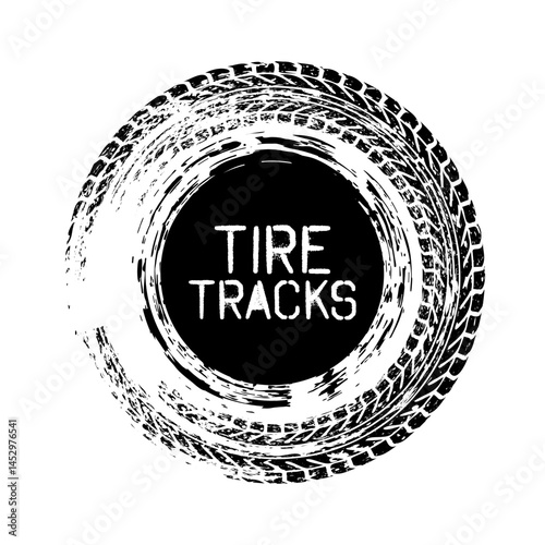 Grunge circle tire track, wheel braking mark. Truck, car or motorcycle tread pattern silhouettes. Auto race, motorsport, speed racing design element. Vector illustration