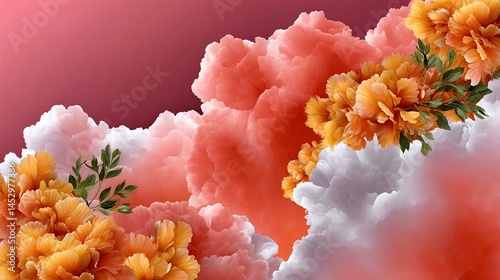 Artistic Digital Illustration of Soft Colored Clouds with Yellow Flowers and Green Leaves Background
