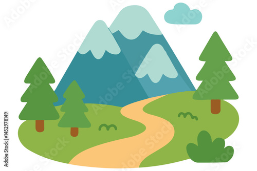 Scenic mountain landscape in flat style illustration. Features snowy peaks, pine trees, a winding trail, grass and a cloud in soft muted colors. Ideal for travel, hiking, nature design projects