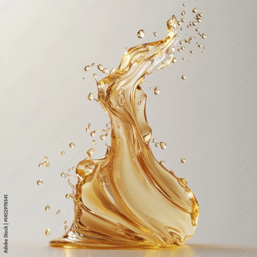 Fototapeta premium Golden liquid splash with droplets isolated on white background