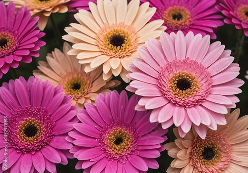 Close up of pink and peach gerbera daisies in a floral arrangement