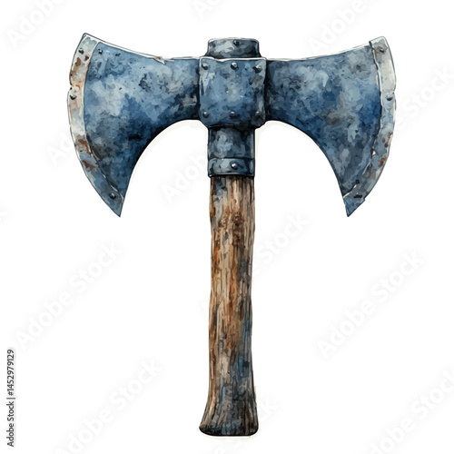 Barbarian Double-headed Axe, vector watercolor illustration, isolated on a white background.