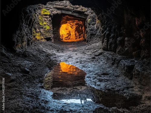 Dark subterranean passageway with reflective pool.