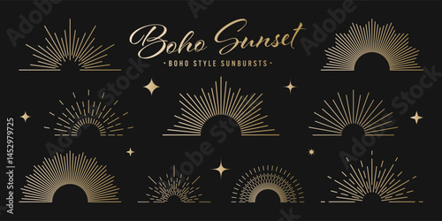 Vintage golden sunburst, sunset beams collection. Boho style, modern minimalist bohemian design. Hand drawn bursting sun, light rays. Logotype or lettering retro design element. Vector illustration