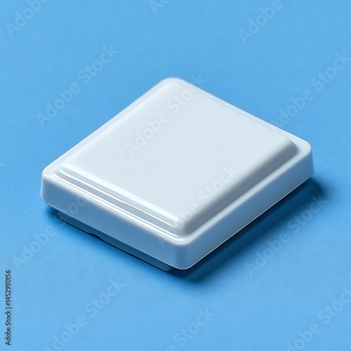 A single white square shaped object is on a blue surface