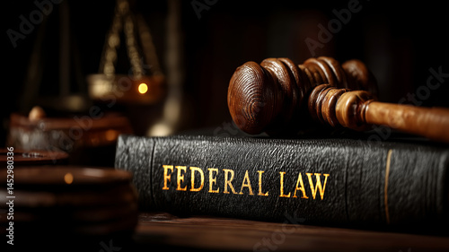 Symbol of justice with judges gavel and federal law book on desk