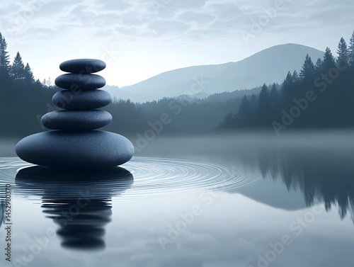 Serene Stacked Stones on Calm Lake, Misty Mountain Background, Zen Garden, Nature Peace