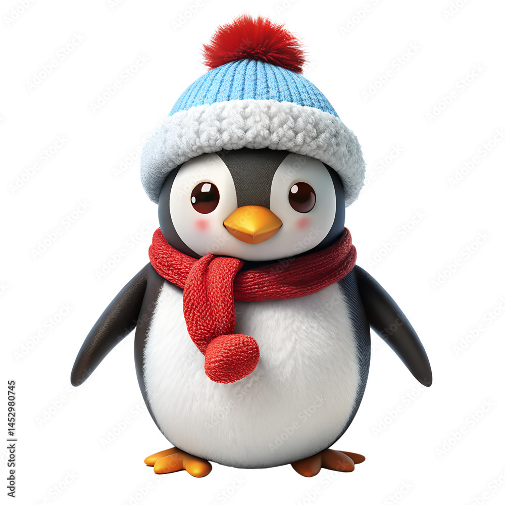 Fototapeta premium Winter Penguin with Snow Hat White Background