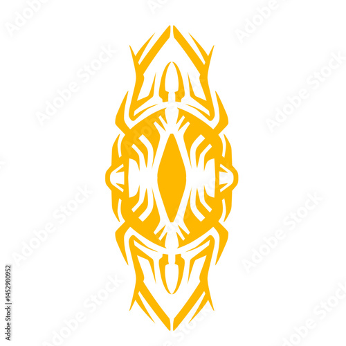 Stylized symbolic vector illustration in ochre hues against a jet-black background