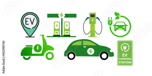 Icons illustrate an electric car charger station, EV Car, and EV Bike. Futuristic composition of Electric Vehicle at charging station. Modern SUV car illustration and power station to recharge.