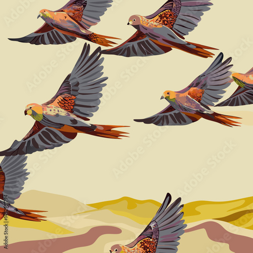 A vibrant tribal-style illustration of budgerigars soaring over a desert landscape, blending indigenous motifs with dynamic avian forms.