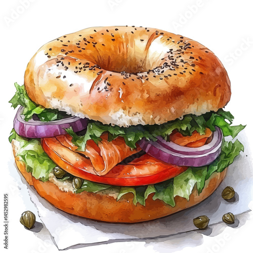 Bagel With Lox And Capers, vector watercolor illustration, isolated on a white background.