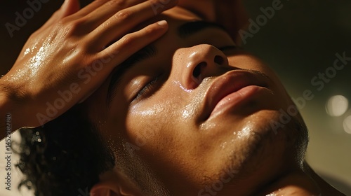 Closeup serene man face skincare beauty treatment relaxation spa tan calm glow eyes hand soft dark